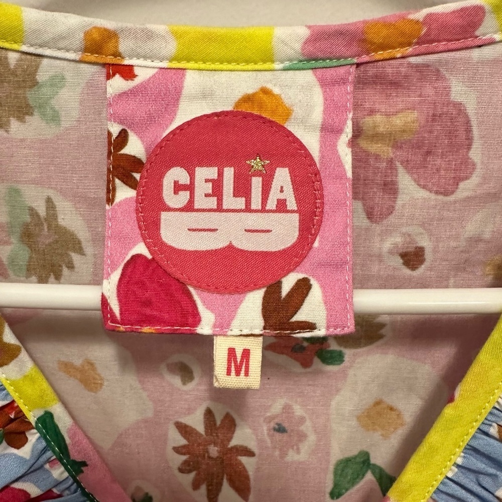 Celia B Topaz Midi Dress M Tiered Belted Flutter Slv Vibrant Colorful Party Fun - Picture 9 of 11